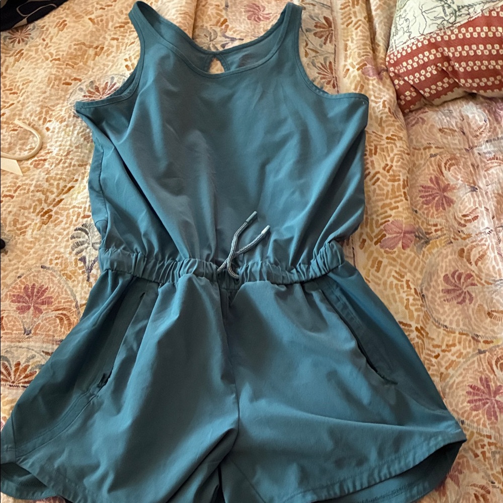Athleta Teal Tank Romper with Drawstring Waist